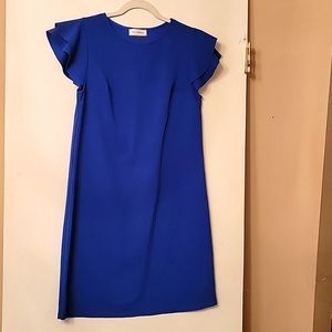 Blue Shift Dress with ruffles at shoulder